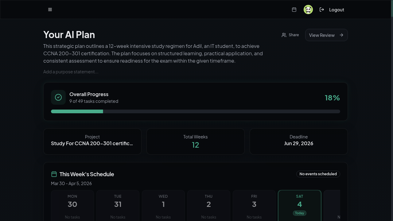 AI-generated structured weekly execution plan with progress tracking