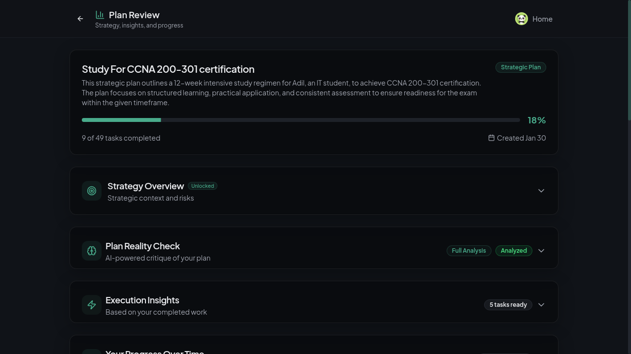 Review dashboard with strategy insights, reality check, and execution analytics