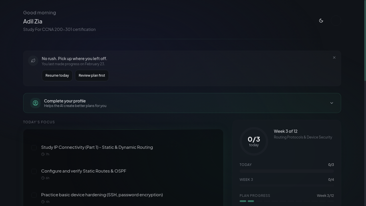 KAMYAAB daily focus view showing today's tasks, progress ring, and weekly milestone tracking